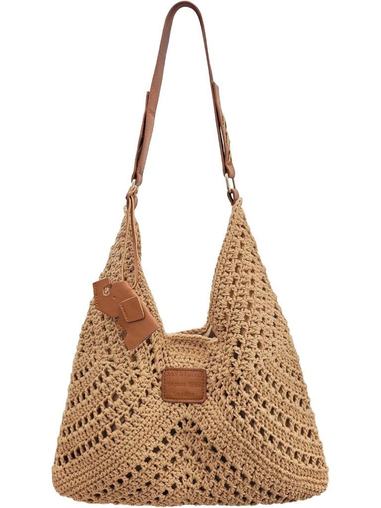 Crochet Beach Tote Bag For Women 2026 Woven Shoulder Bag Summer Handmade Boho Pu
